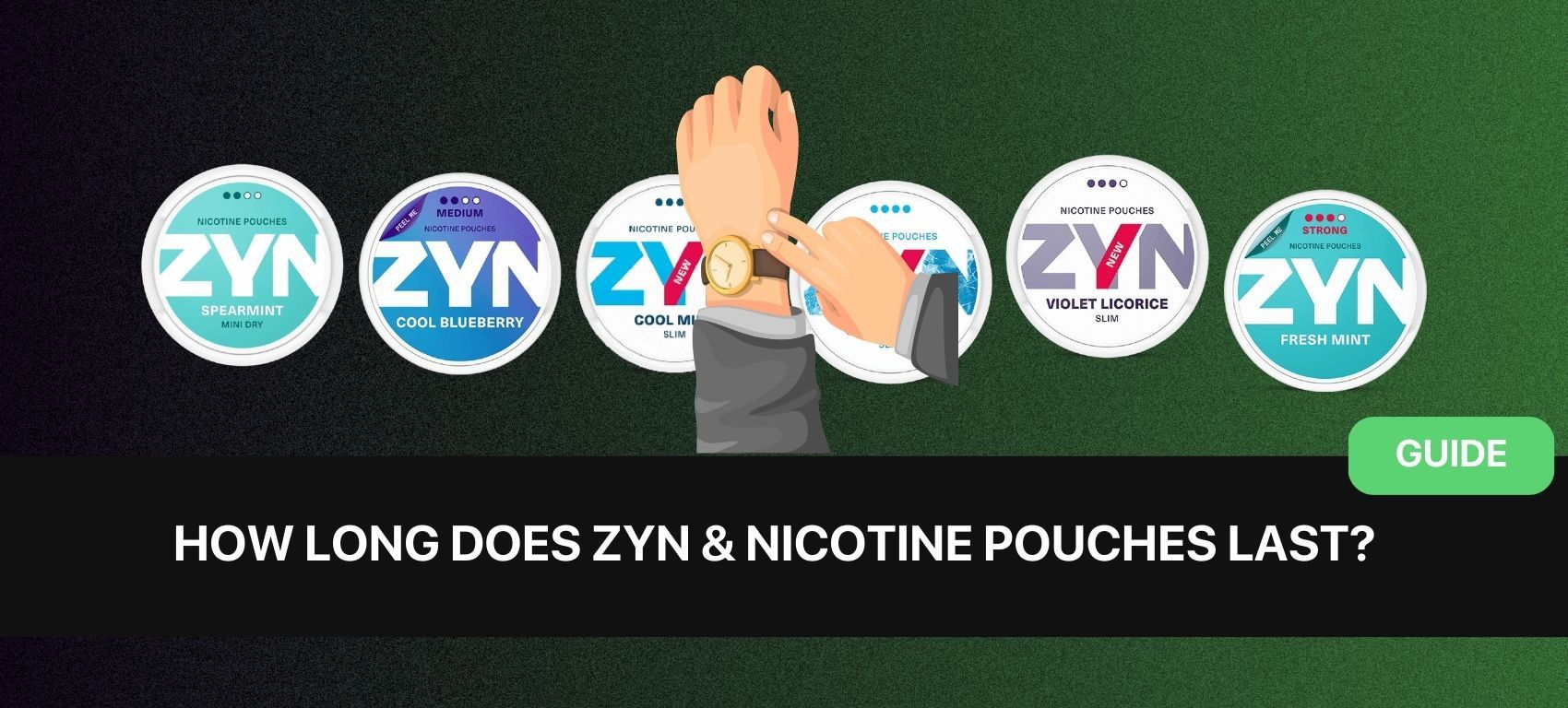 image showing cans of nicotine pouches and zyn and an arm with a watch indicating how long nicotine pouches and zyn last