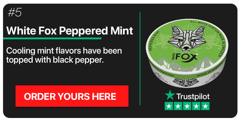 Image with a can of white fox peppered mint with trust pilot reviews and a button to order the nicotine pouches