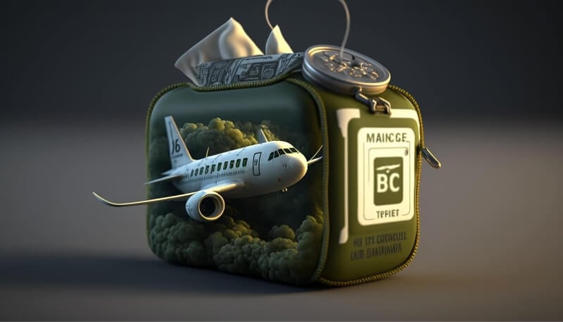 A green bag with a plane inside it holding nicotine pouches to represent the idea of biringing nicotine pouches on a plane