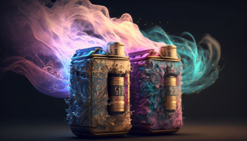 Image showing vapes and nicotine pouches with different colors of smoke coming out behind them.